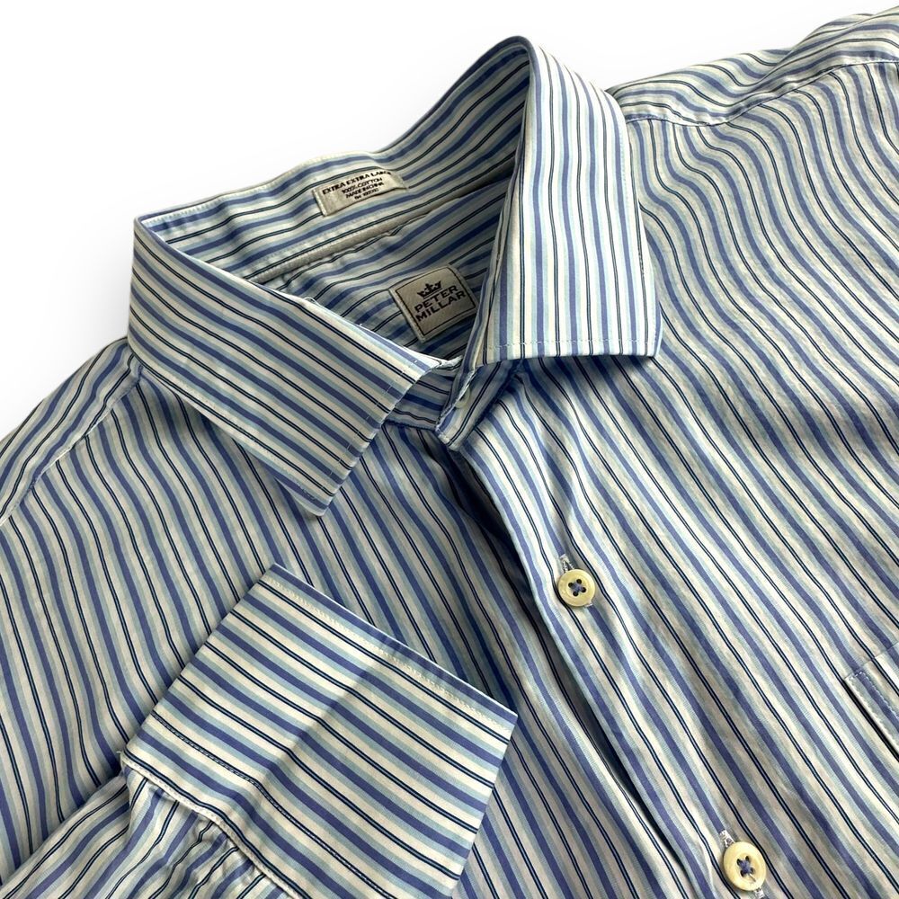 Peter Millar Men's Size XXL Blue Striped Long Sleeve Button Up‎ Casual Shirt EUC